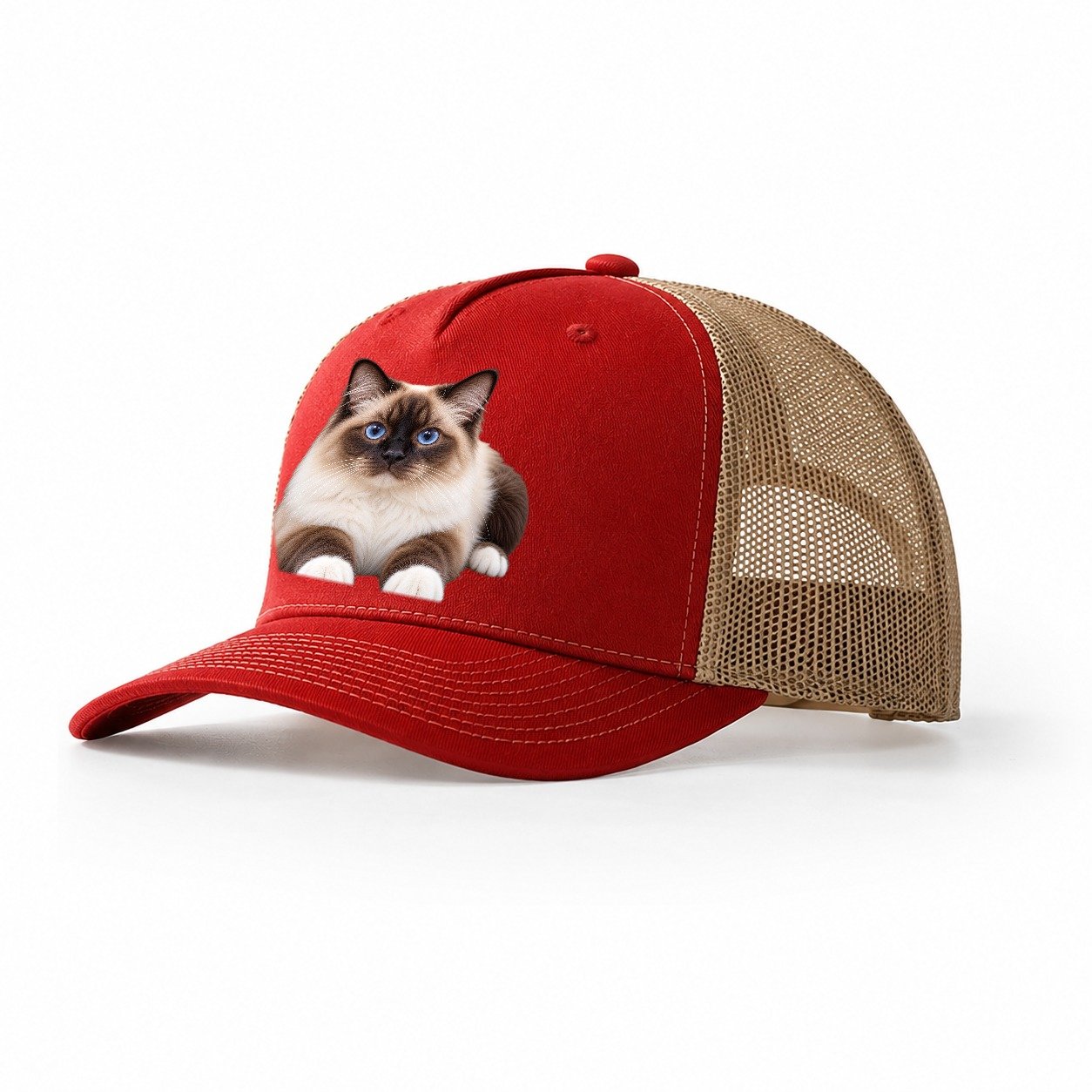 Birman Reclining Paws Forward Realistic Cat Portrait Trucker Hat – Red Khaki