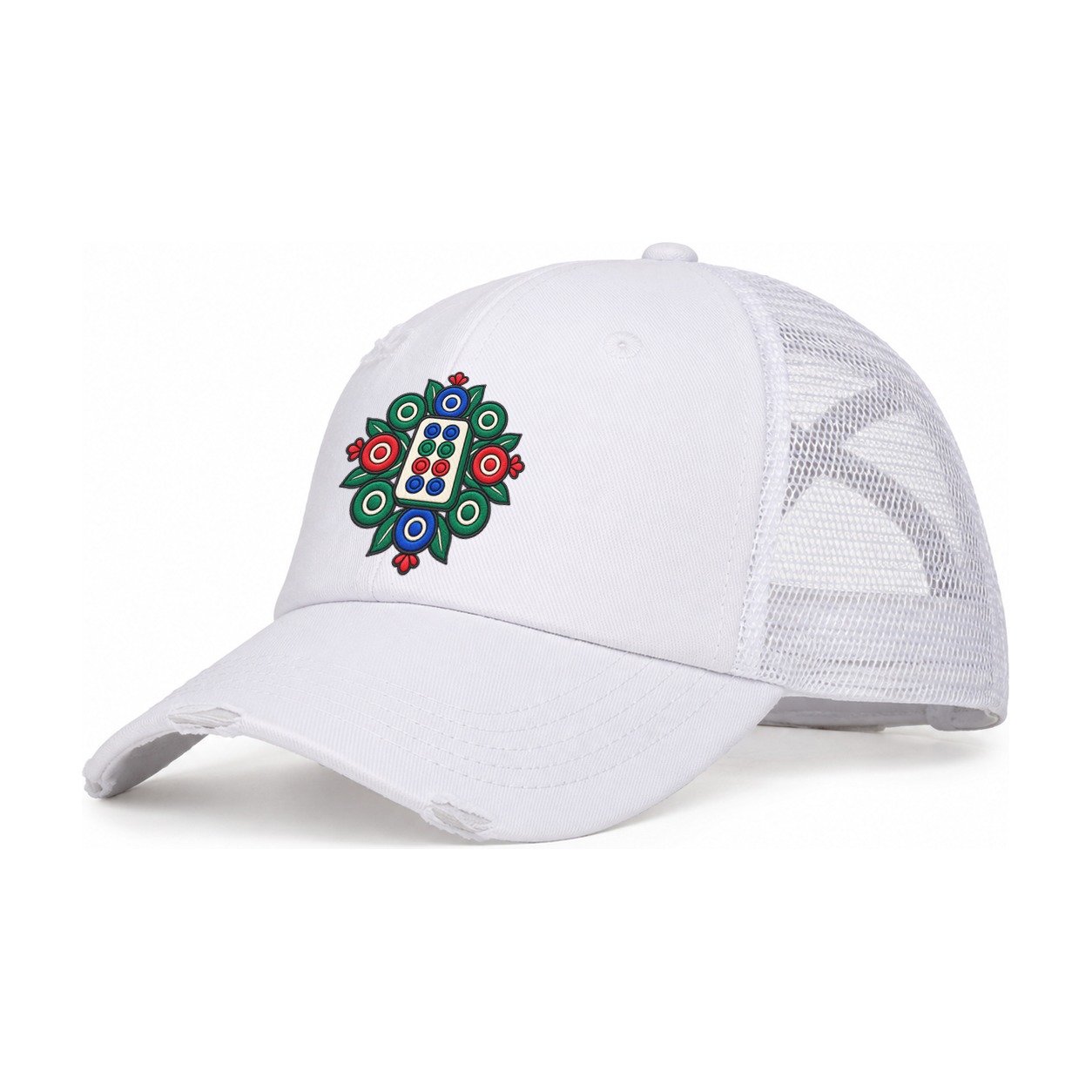 Eight Dot Bloom Mahjong Game Night Women's Ponytail Trucker Hat – White White
