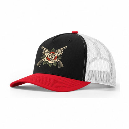Rose And Steel Flash We Don't Dial 911 Trucker Hat – Black Red White