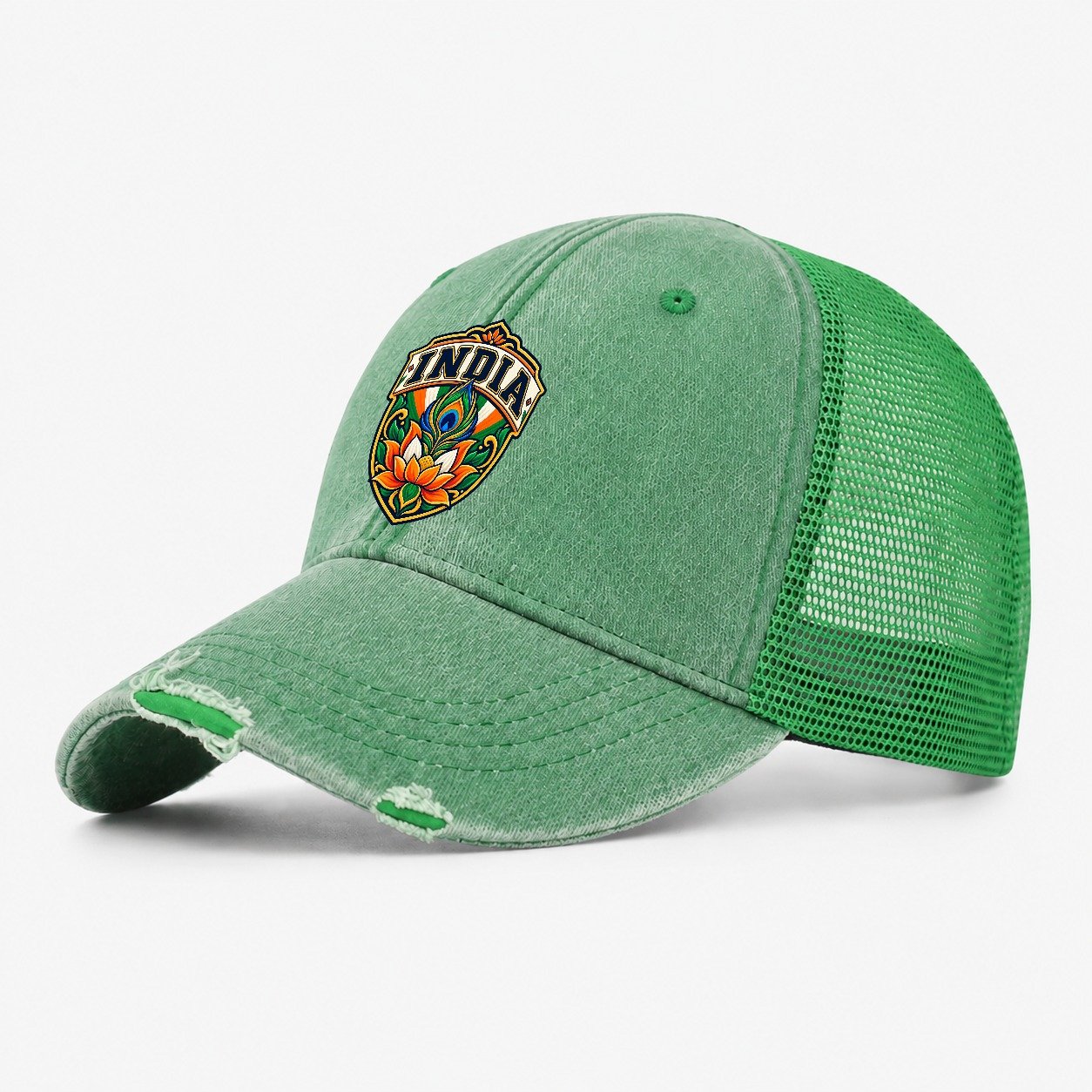 India Retro Badge Country Logos Washed Trucker Hat – Ink Green
