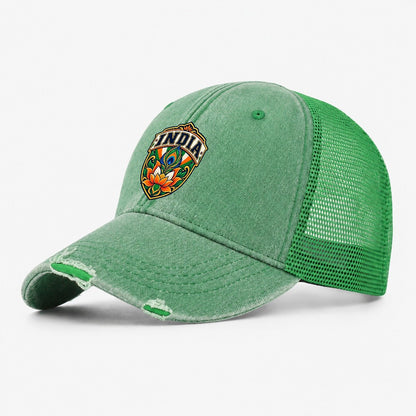 India Retro Badge Country Logos Washed Trucker Hat – Ink Green