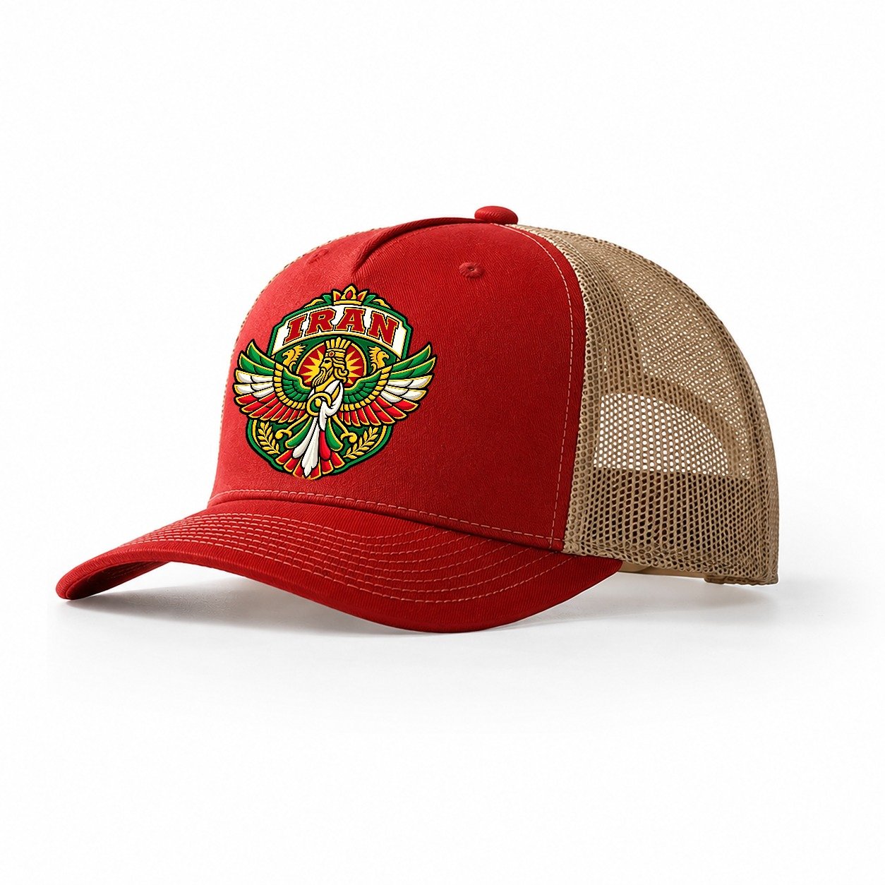 Iran Retro Badge Country Logos Trucker Hat – Red Khaki