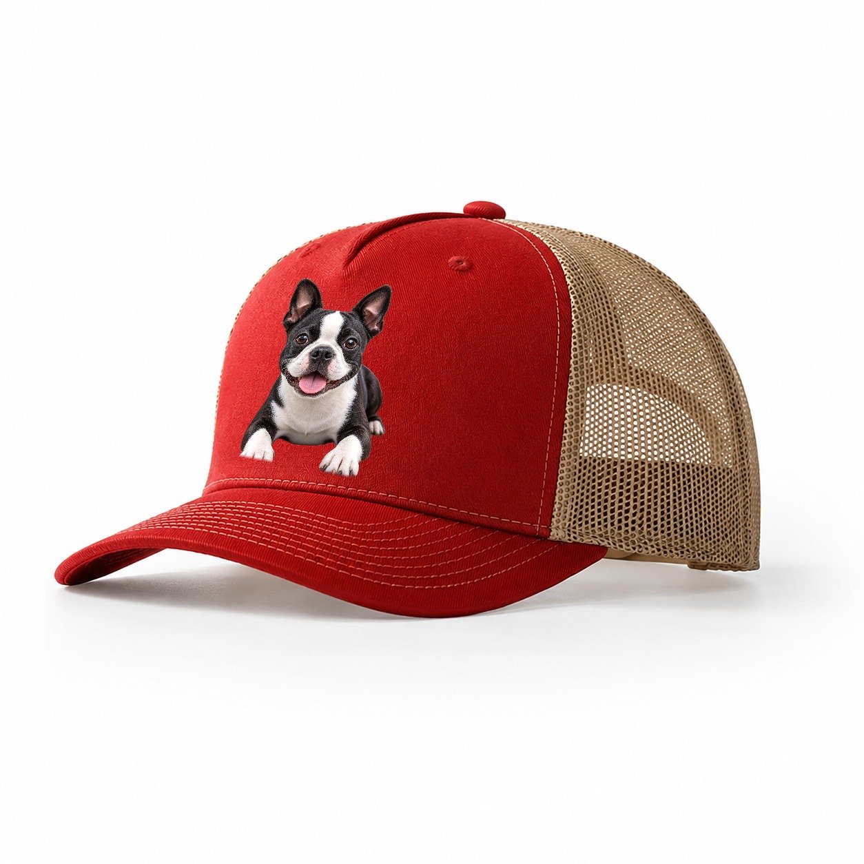 Boston Terrier Lying Down Top Breeds Trucker Hat – Red Khaki