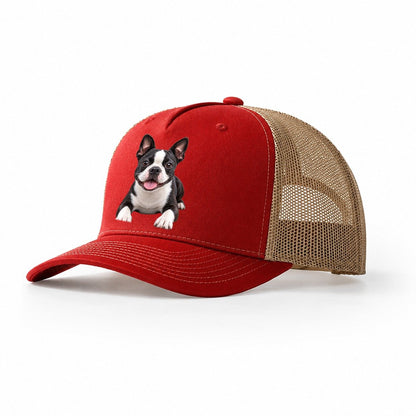 Boston Terrier Lying Down Top Breeds Trucker Hat – Red Khaki