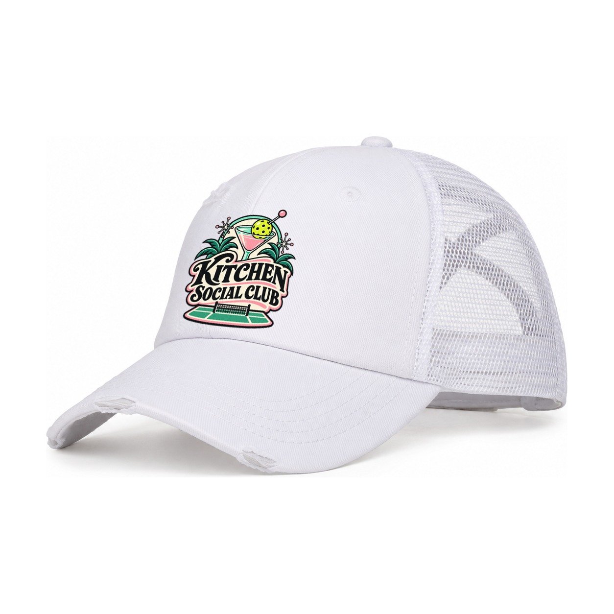 Kitchen Social Club Pickleball Life Women's Ponytail Trucker Hat – White White
