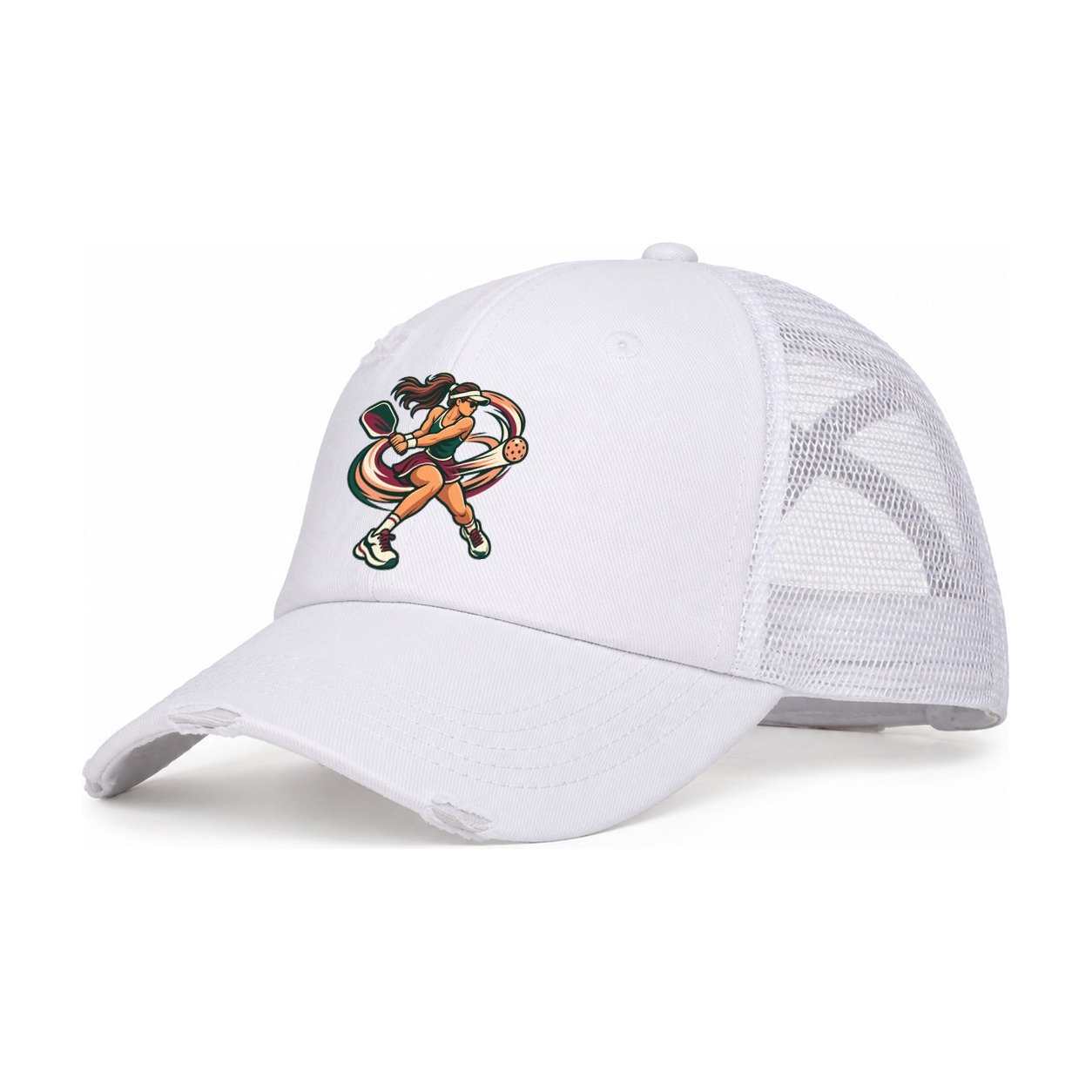 Backhand Winner Pickleball Life Women's Ponytail Trucker Hat – White White