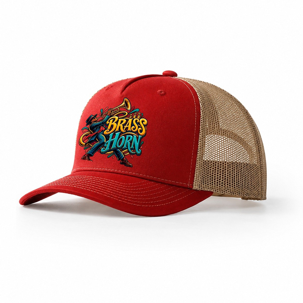 Brass Horn Wordmark Music Instruments Trucker Hat – Red Khaki