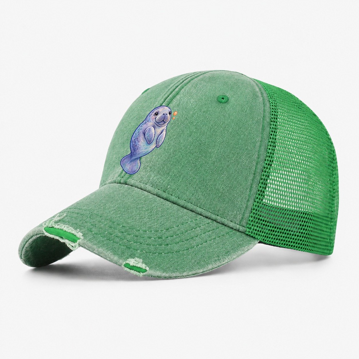 Manatee Upward Float Sea Sprite Washed Trucker Hat – Ink Green