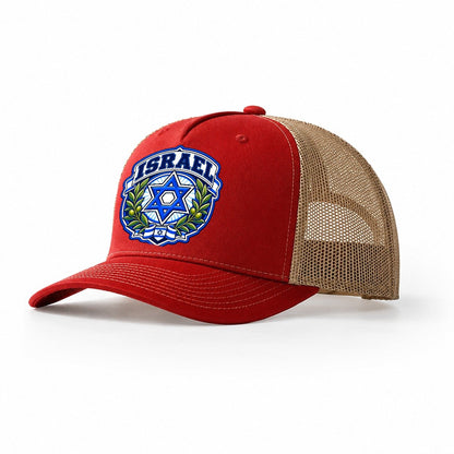 Israel Retro Badge Country Logos Trucker Hat – Red Khaki