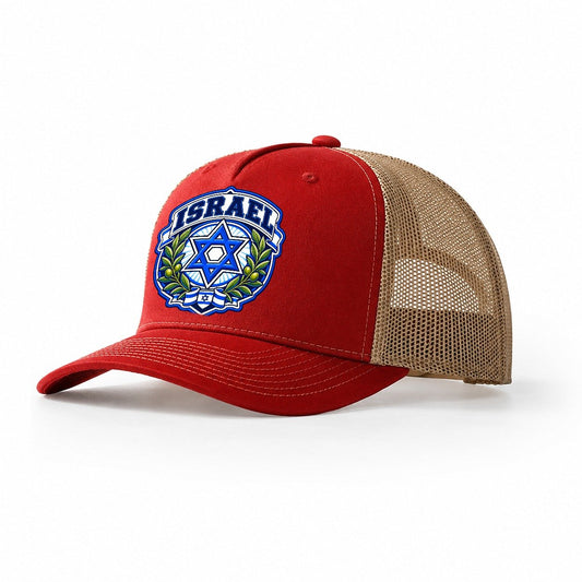 Israel Retro Badge Country Logos Trucker Hat – Red Khaki