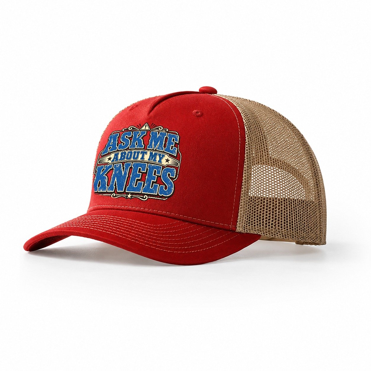 Ask Me About My Knees American Wit Trucker Hat – Red Khaki