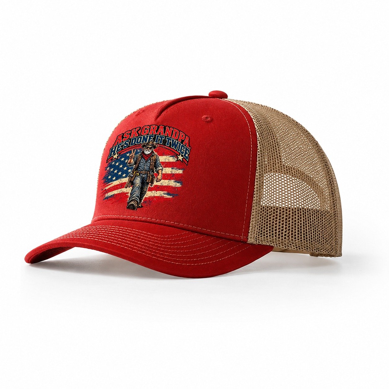 Ask Grandpa He S Done It Twice Old Man Strong Trucker Hat – Red Khaki