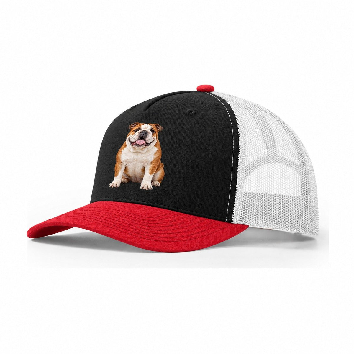 English Bulldog Sitting Top Breeds Trucker Hat – Black Red White