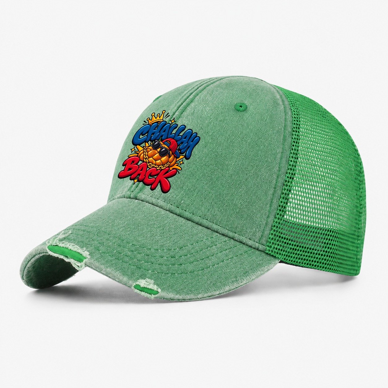 Challah Back Retro Judaism Heritage Washed Trucker Hat – Ink Green