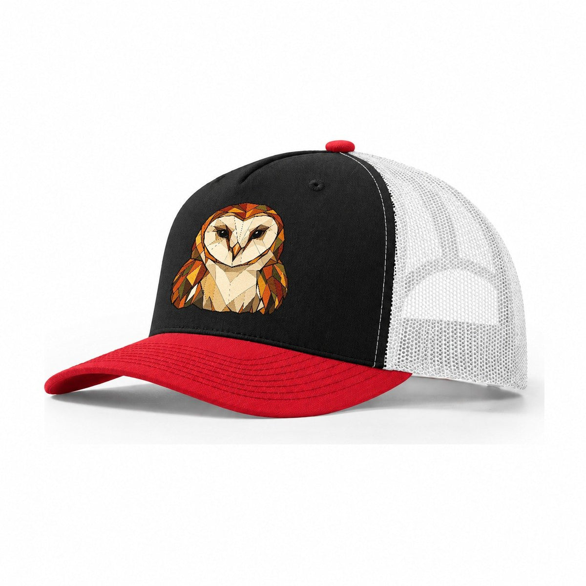 Barn Owl Face Wildwood Mosaic Trucker Hat – Black Red White