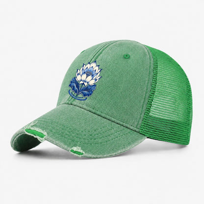Lotus In Blue Quiet Wards Heritage Washed Trucker Hat – Ink Green