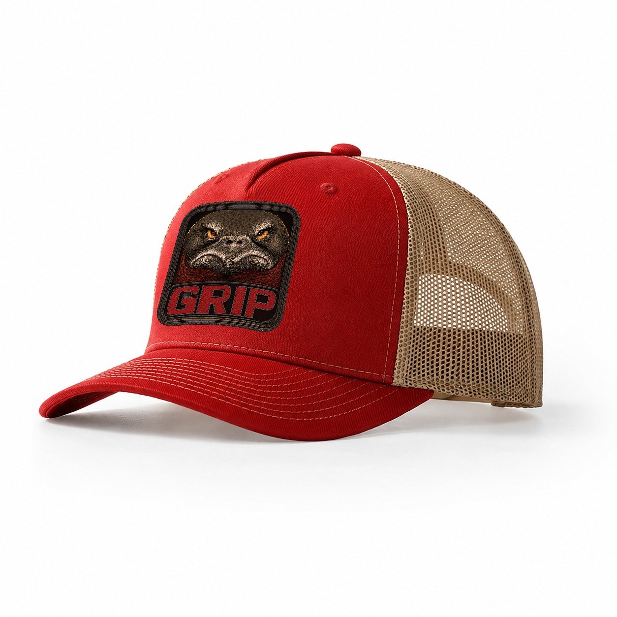 Snapping Turtle Grip Badge Trucker Hat – Red Khaki