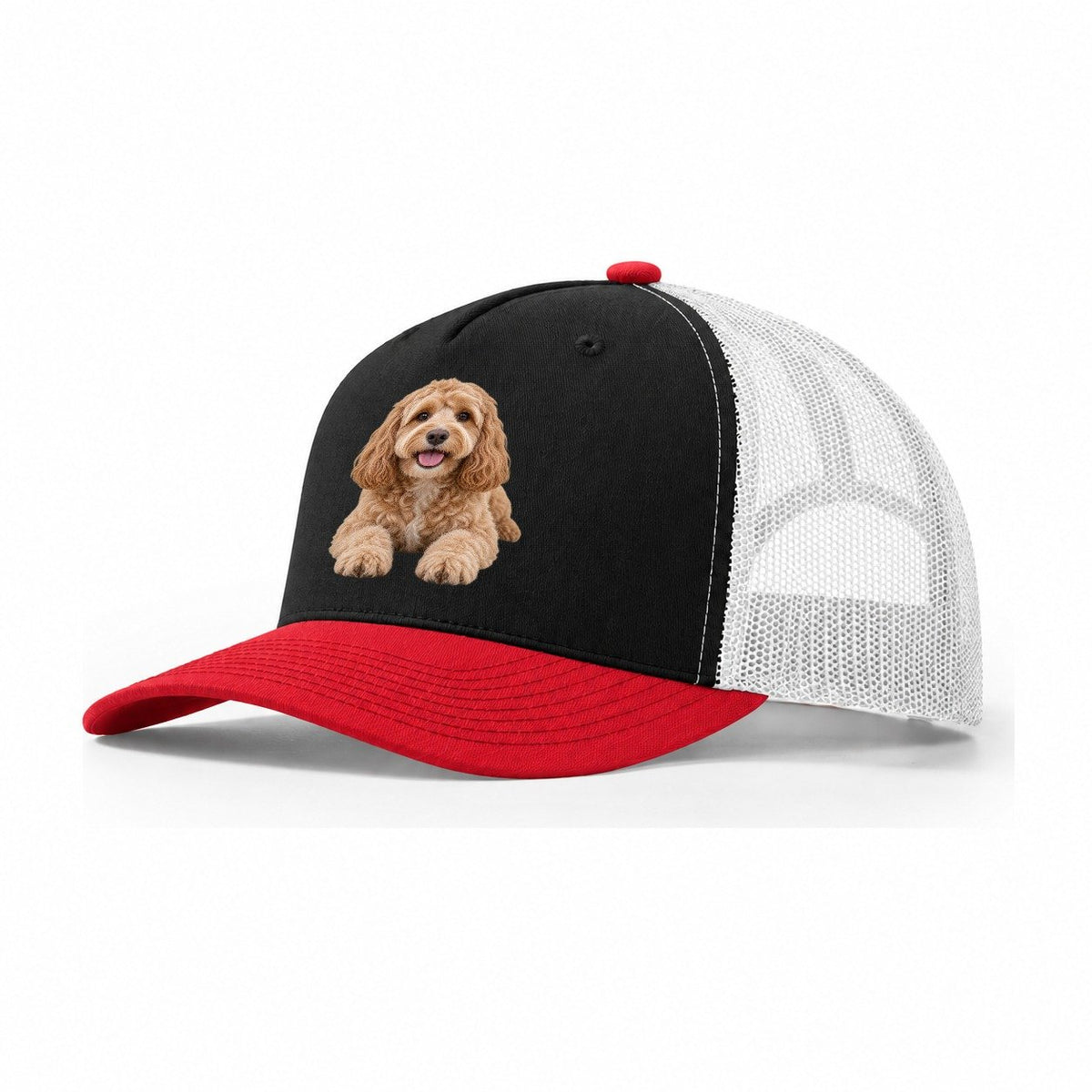 Cockapoo Lying Down Top Breeds Trucker Hat – Black Red White