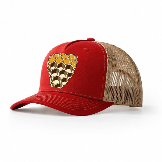 Wax Comb Cross Section Beekeeping Trucker Hat – Red Khaki