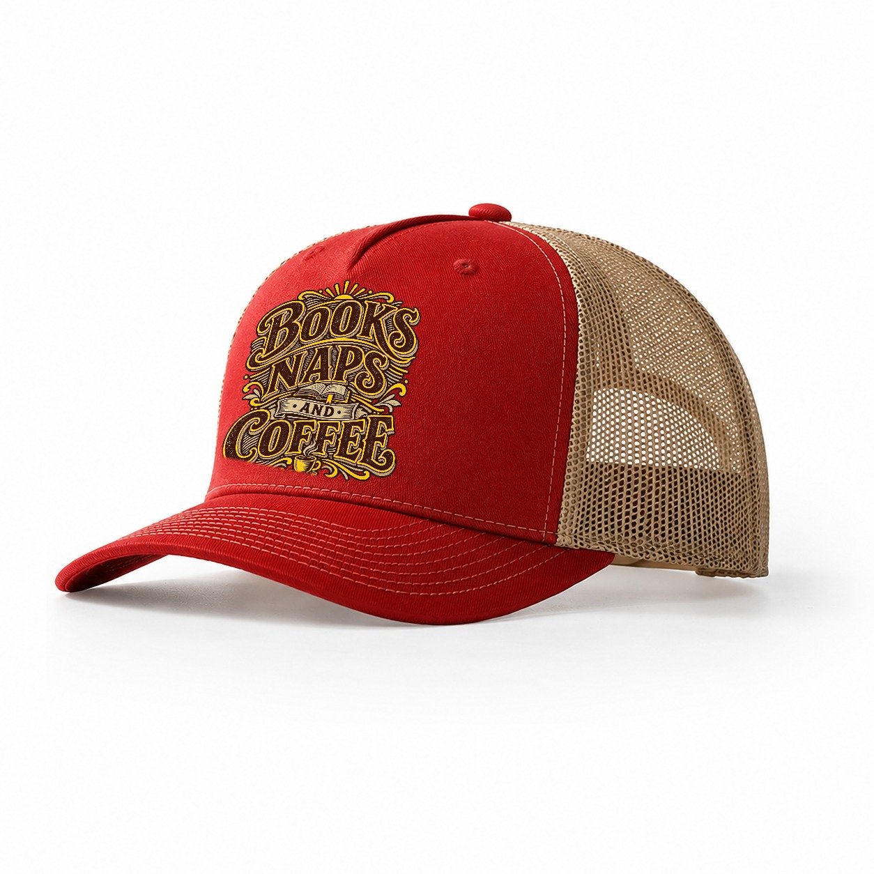 Books Naps And Coffee Retired Living Trucker Hat – Red Khaki