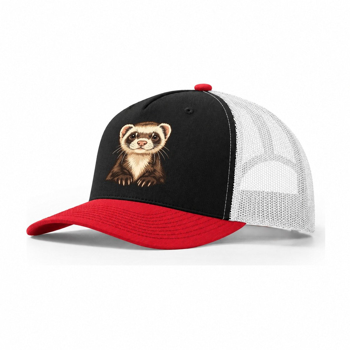 Ferret Mask Portrait Small Pet Logos Trucker Hat – Black Red White