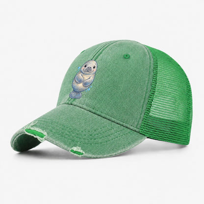 Manatee Front Flipper Hug Sea Sprite Washed Trucker Hat – Ink Green