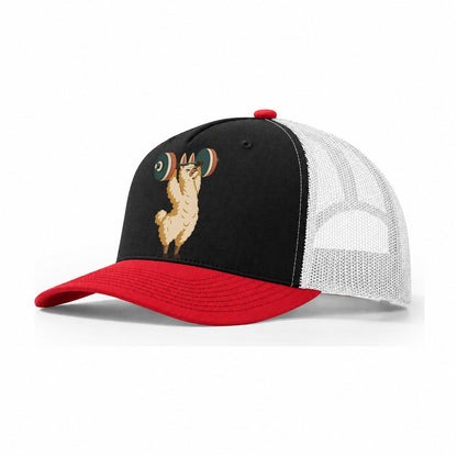 Llama Overhead Carry Animal Lifters Trucker Hat – Black Red White