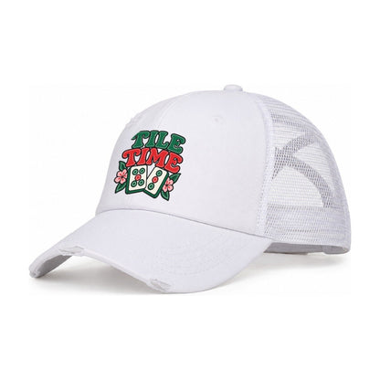 Tile Time Mahjong Game Night Women's Ponytail Trucker Hat – White White