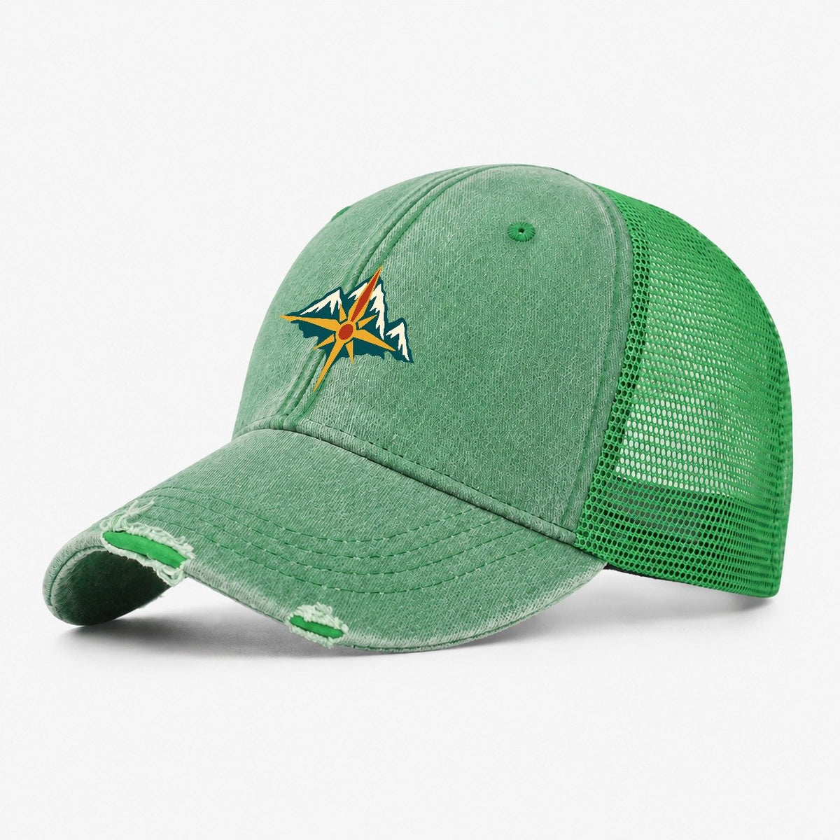 Mountain Compass Fold Keepsake Emblem Washed Trucker Hat – Ink Green