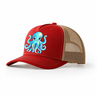 Octopus Curious Wave Sea Sprite Trucker Hat – Red Khaki
