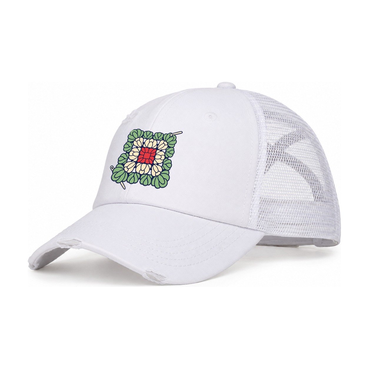 Granny Square Mosaic Yarn Crafts Women's Ponytail Trucker Hat – White White