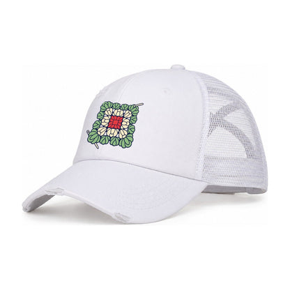Granny Square Mosaic Yarn Crafts Women's Ponytail Trucker Hat – White White