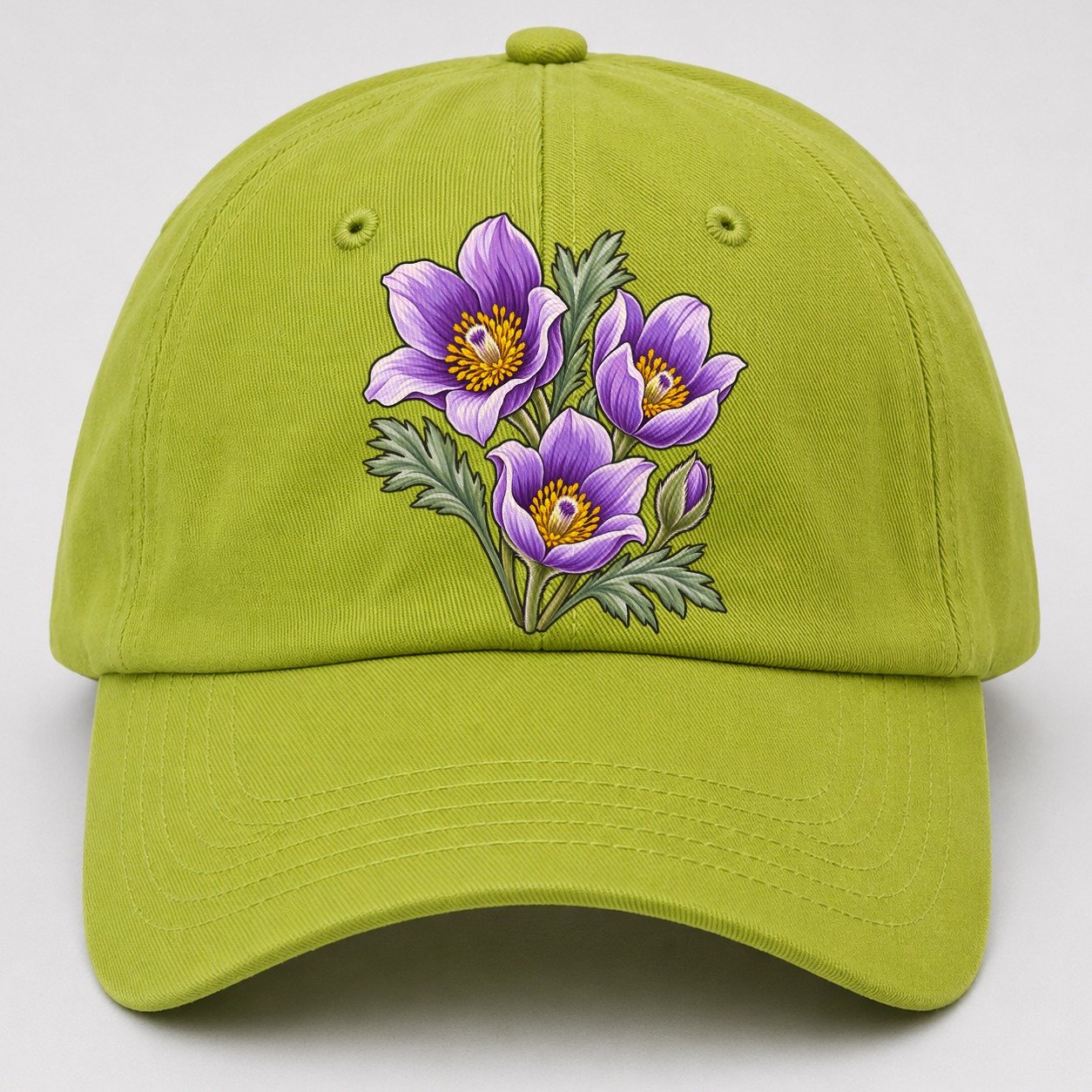 Manitoba Prairie Crocus Cluster Canada Cultural Icons Baseball Cap – Fluorescent Green
