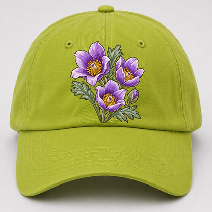 Manitoba Prairie Crocus Cluster Canada Cultural Icons Baseball Cap – Fluorescent Green
