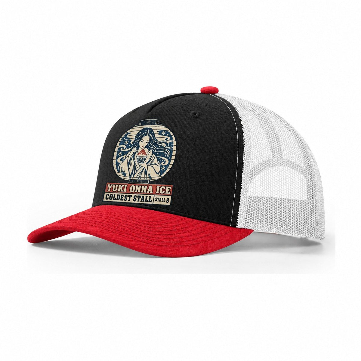 Yuki Onna Ice Yokai Night Market Trucker Hat – Black Red White