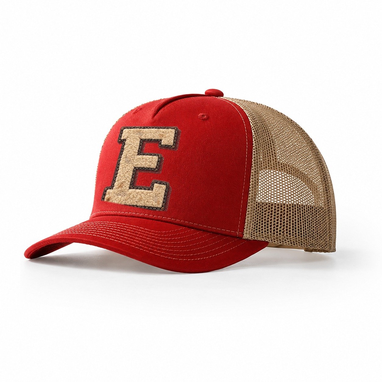 Varsity Chenille E Monogram Trucker Hat – Red Khaki