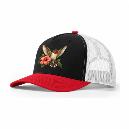 Hummingbird Morning Stretch Character Club Trucker Hat – Black Red White