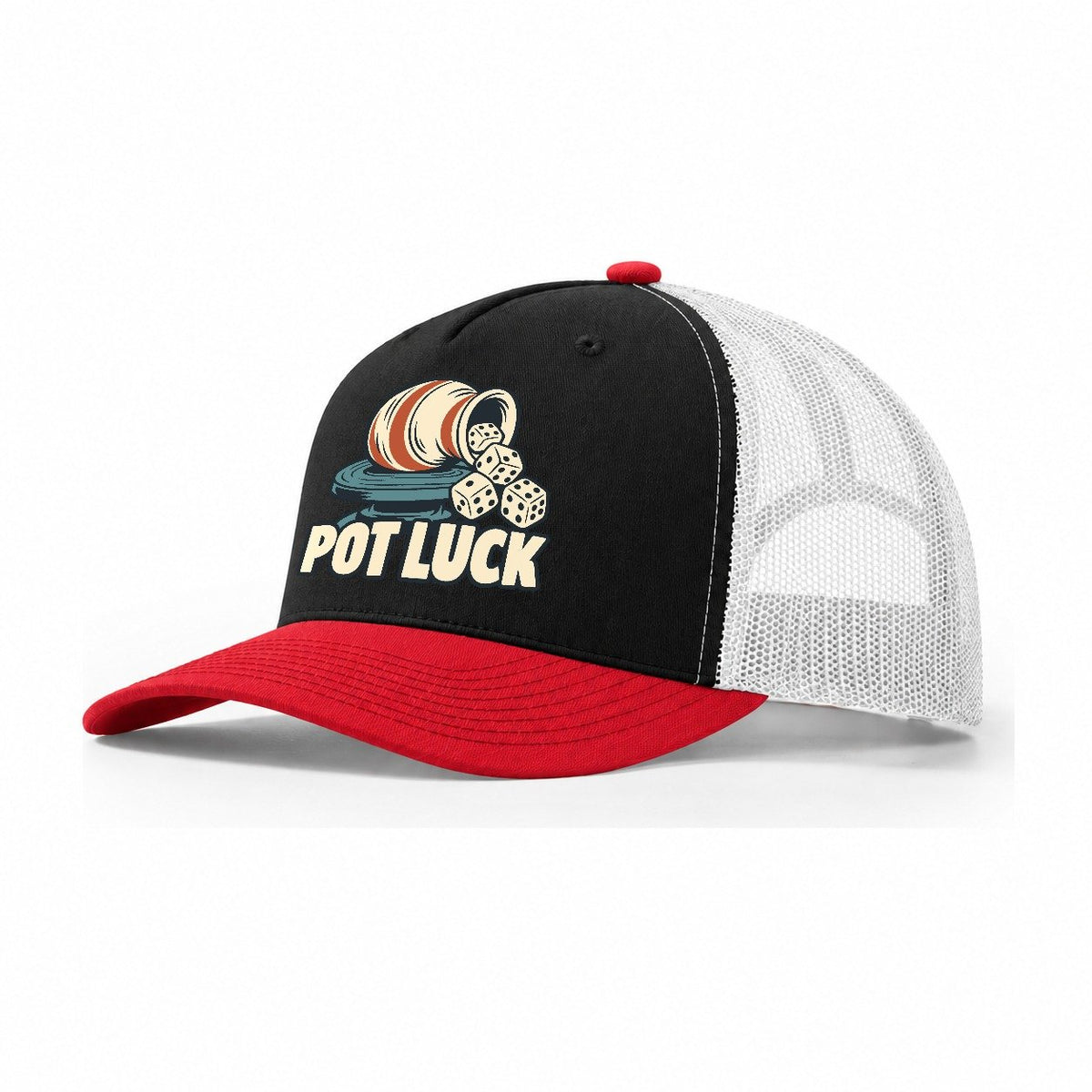 Pot Luck Familiar Punchlines Trucker Hat – Black Red White
