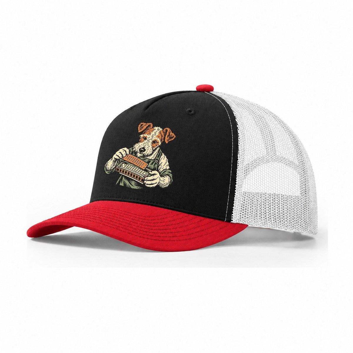 Terrier Harmonica Maker Sundown Familiars Trucker Hat – Black Red White