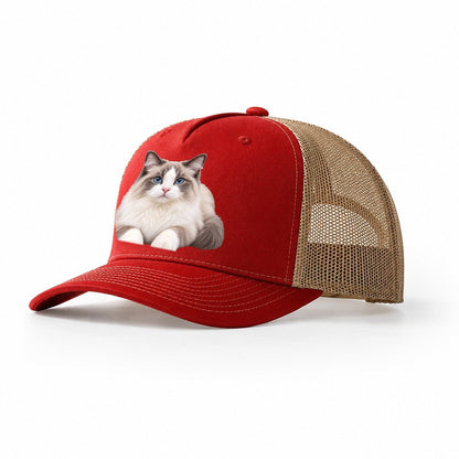 Ragdoll Reclining Paws Forward Realistic Cat Portrait Trucker Hat – Red Khaki