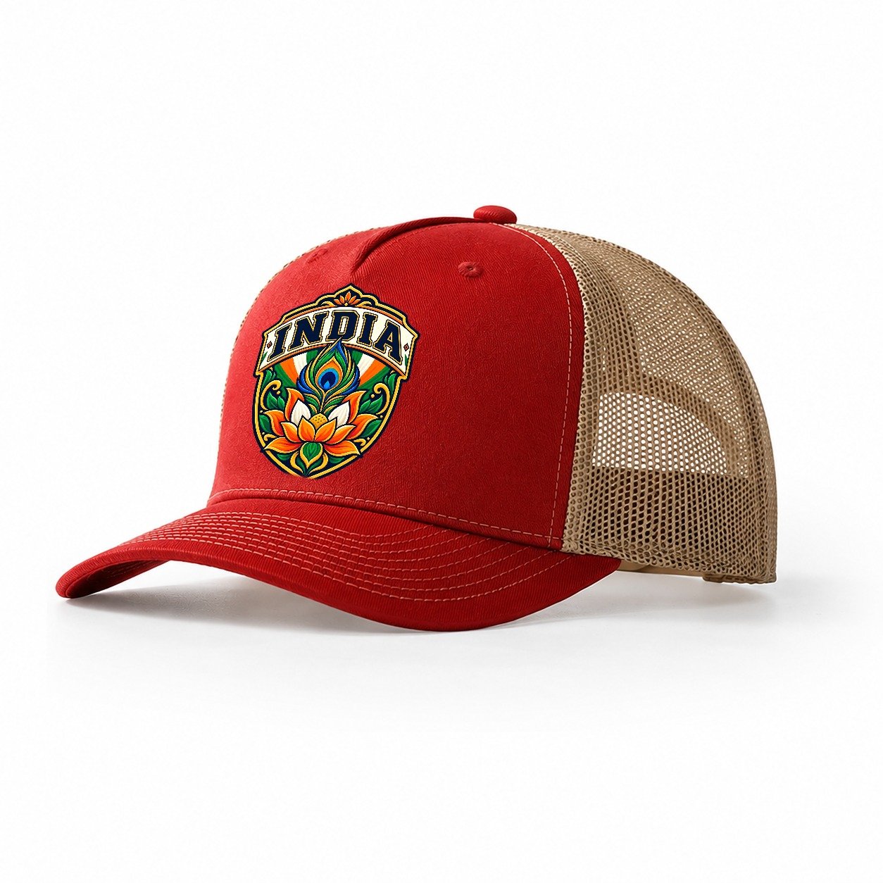 India Retro Badge Country Logos Trucker Hat – Red Khaki