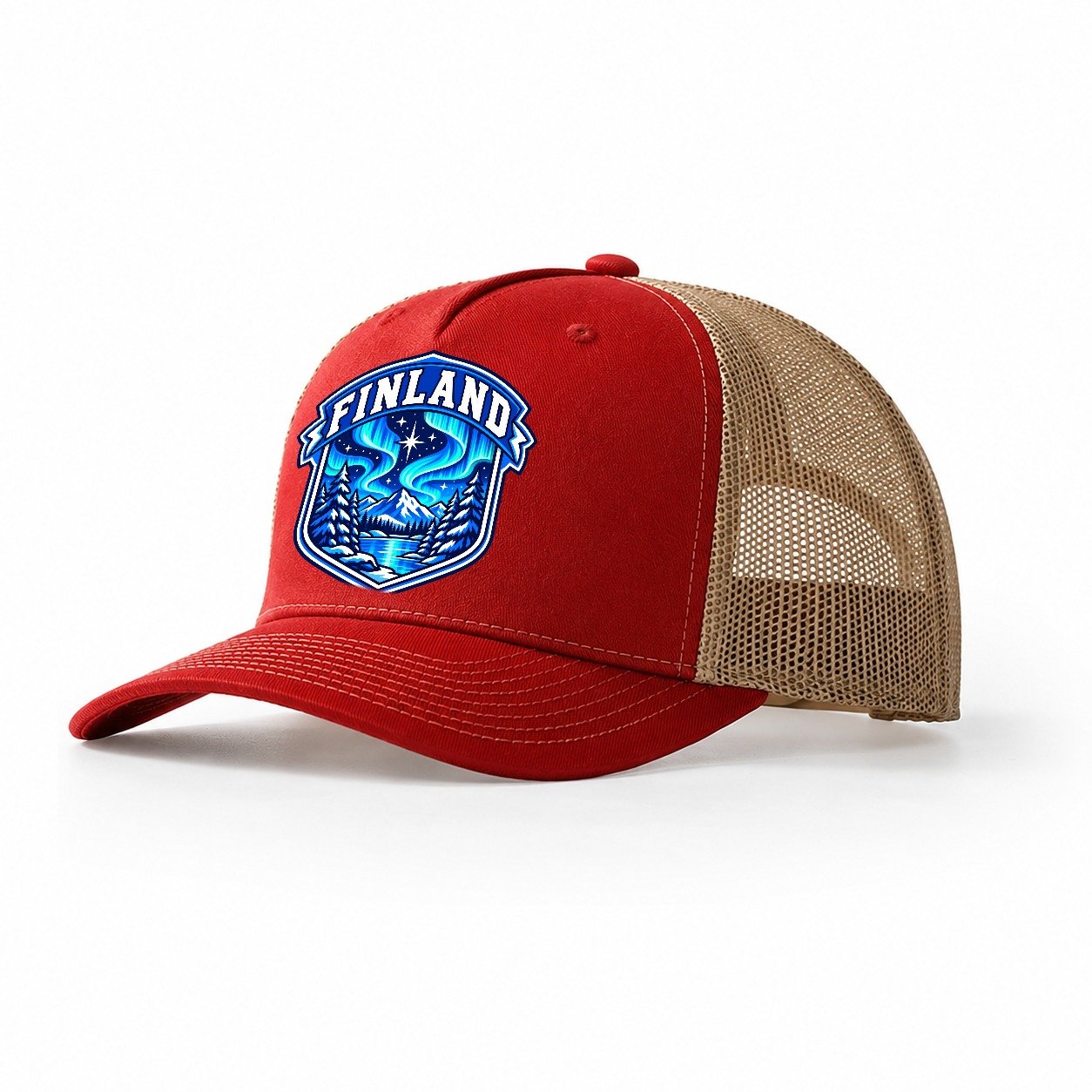 Finland Retro Badge Country Logos Trucker Hat – Red Khaki