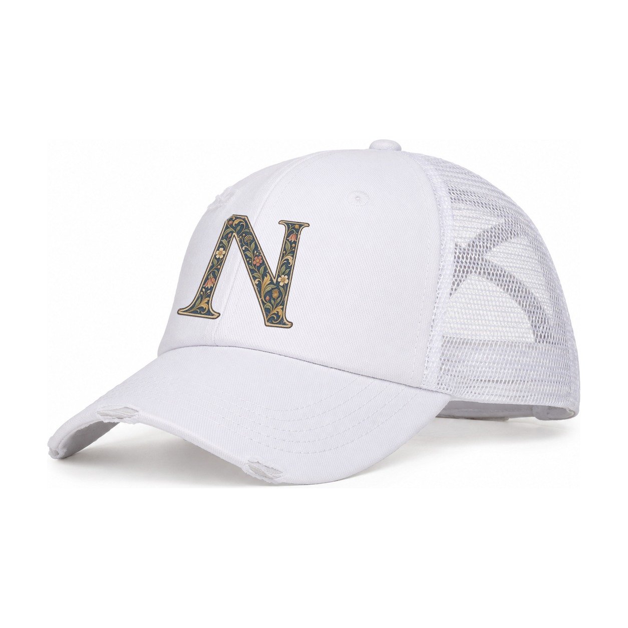 Wildflower N Monogram Women's Ponytail Trucker Hat – White White