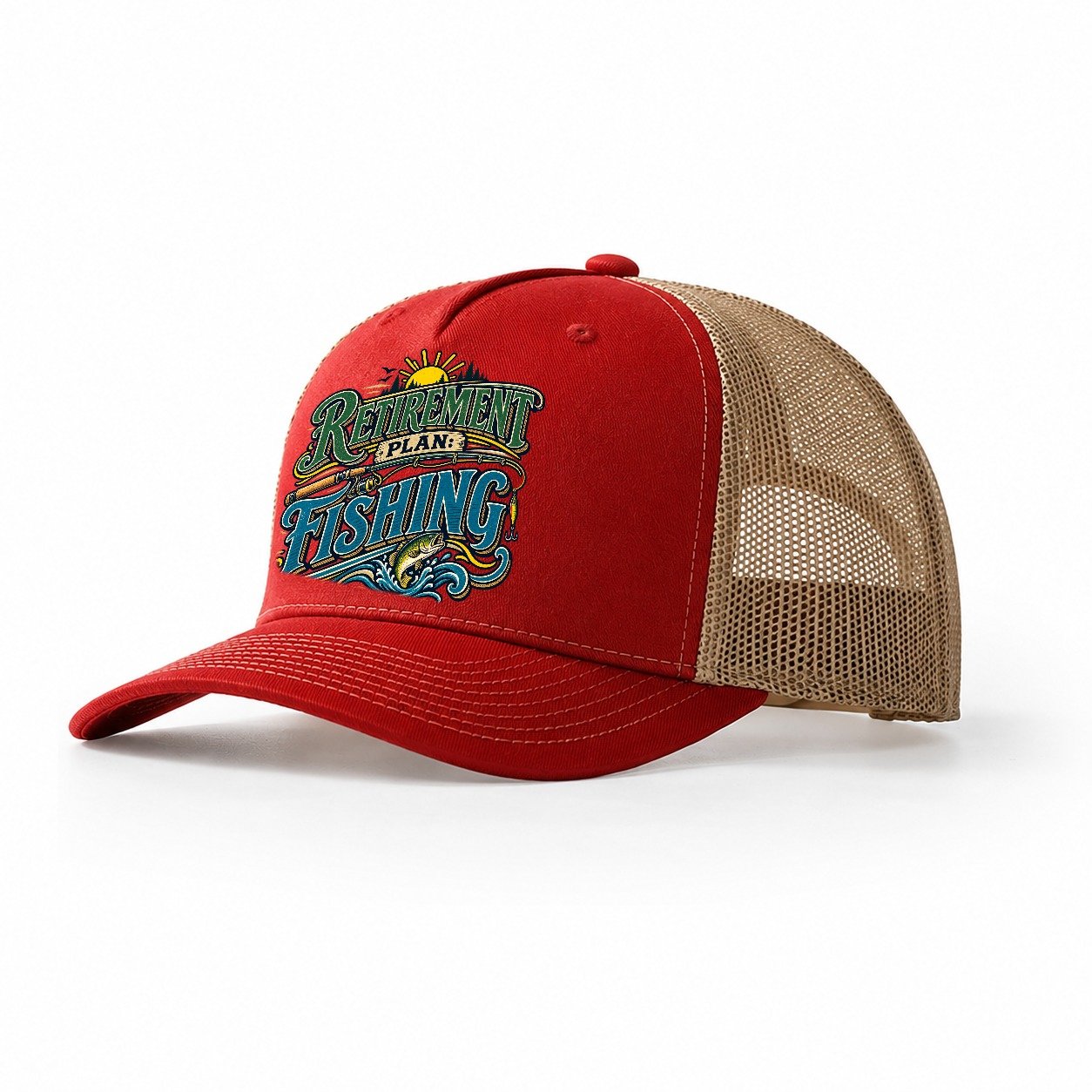Retirement Plan Fishing Retired Living Trucker Hat – Red Khaki