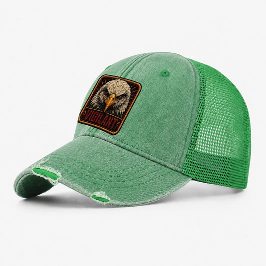 Eagle Vigilant Badge Washed Trucker Hat – Ink Green
