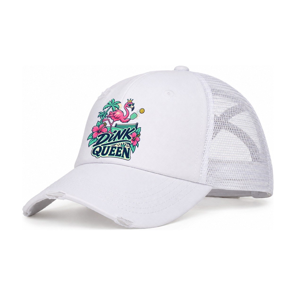 Flamingo Dink Queen Pickleball Life Women's Ponytail Trucker Hat – White White