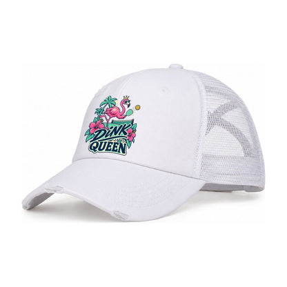 Flamingo Dink Queen Pickleball Life Women's Ponytail Trucker Hat – White White