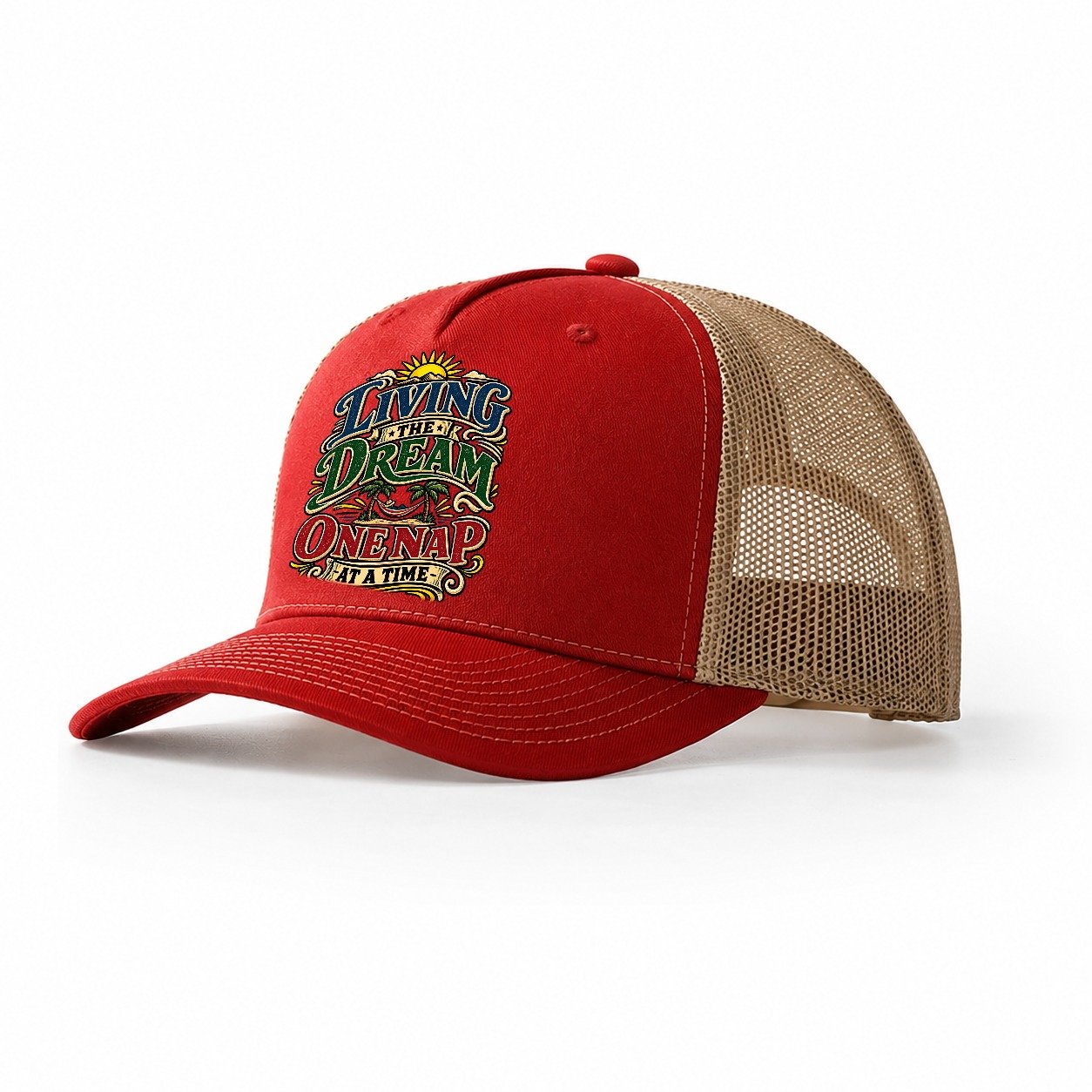 Living The Dream One Nap At A Time Retired Living Trucker Hat – Red Khaki