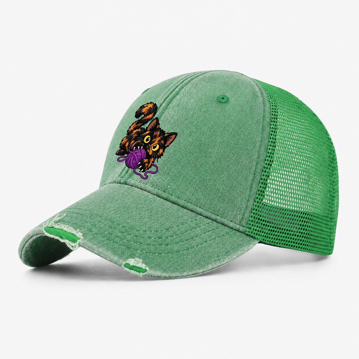 Tortoiseshell Playing Yarn Peeking Cats Washed Trucker Hat – Ink Green