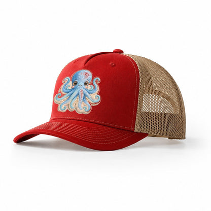 Pufferfish Puff Hello Sea Sprite Trucker Hat – Red Khaki